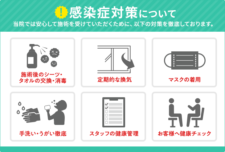 感染症対策について当院では安心して施術を受けていただくために、以下の対策を徹底しております。